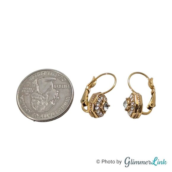Octagonal Clear Rhinestone Leverback Gold Tone Drop Earrings - Picture 6 of 11